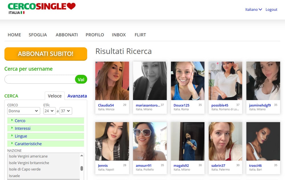interfaccia interna del sito di incontri per single cercosingle italia