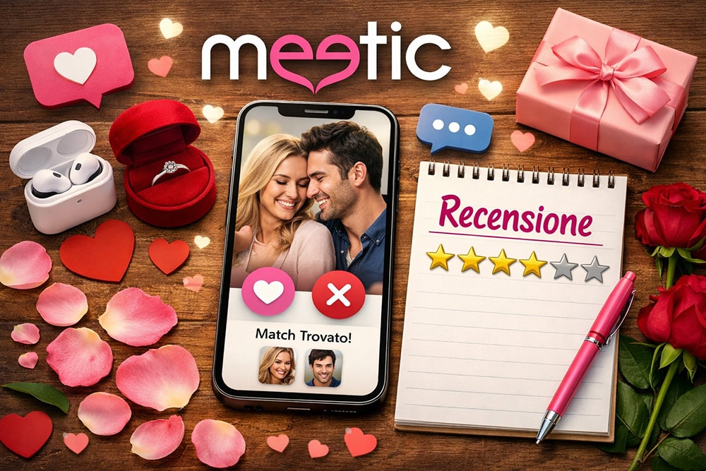 Immagine di copertina per recensione Meetic: smartphone con app di incontri aperta, coppia sorridente, cuori e simboli romantici, blocco note con valutazione a stelle su sfondo in legno